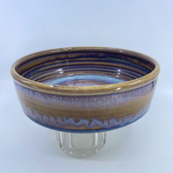 handcrafted studio art pottery ceramic bowl with swirl glaze design 8 5/8" - Picture 5 of 7